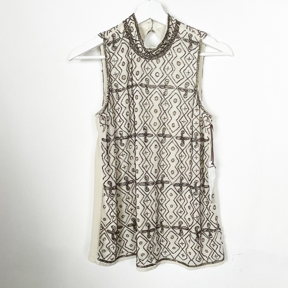 Willow & Clay Womens Size Small Top Brown Tan Cream Beaded Boho Sleeveless NWT - Picture 1 of 5